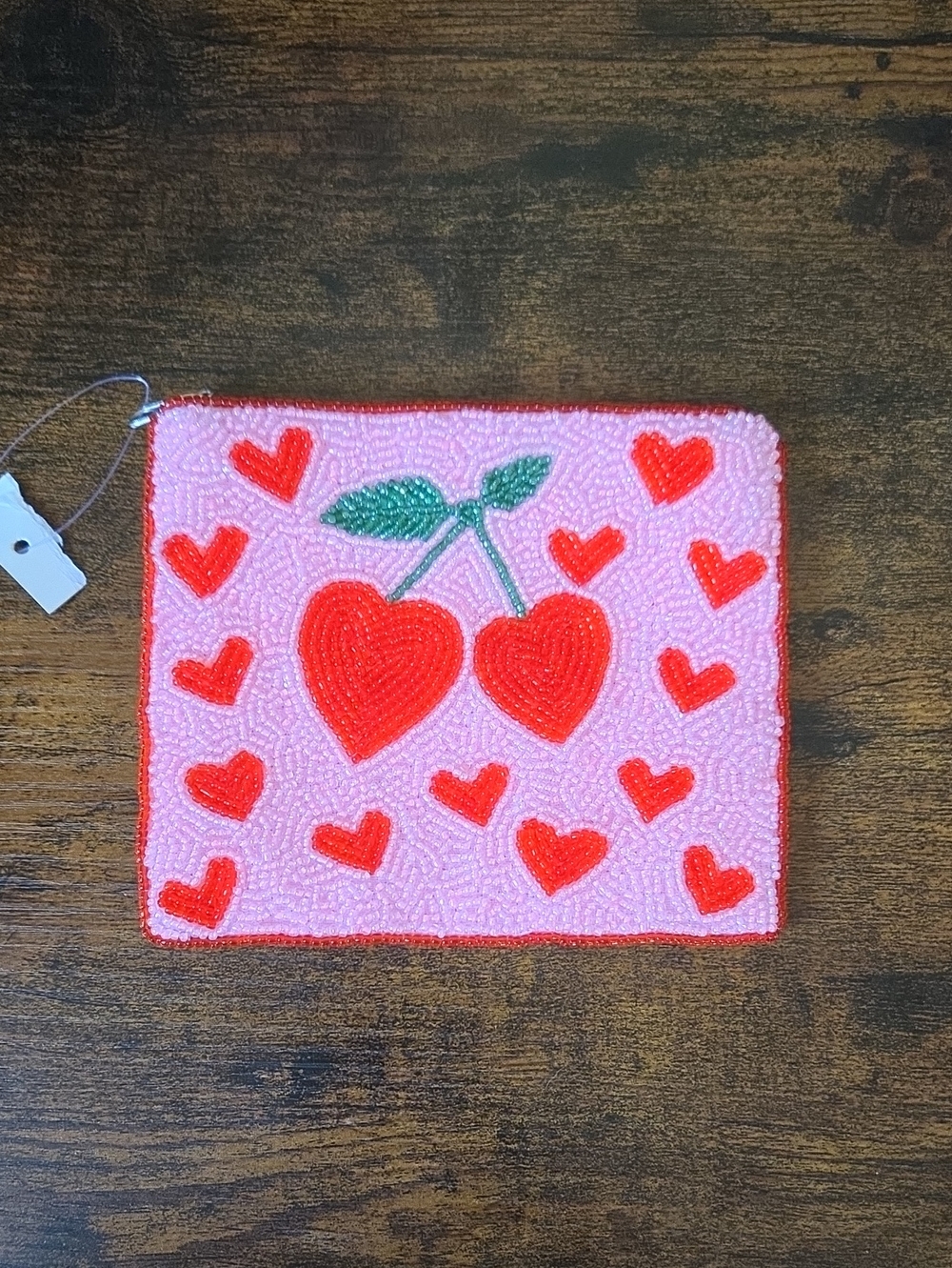 #38 Pink Beaded Cherry Heart Clutch - Red Heart Embroidery